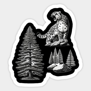 Mountain Majesty: Fir, Granite, and Roaring Leopard Sticker